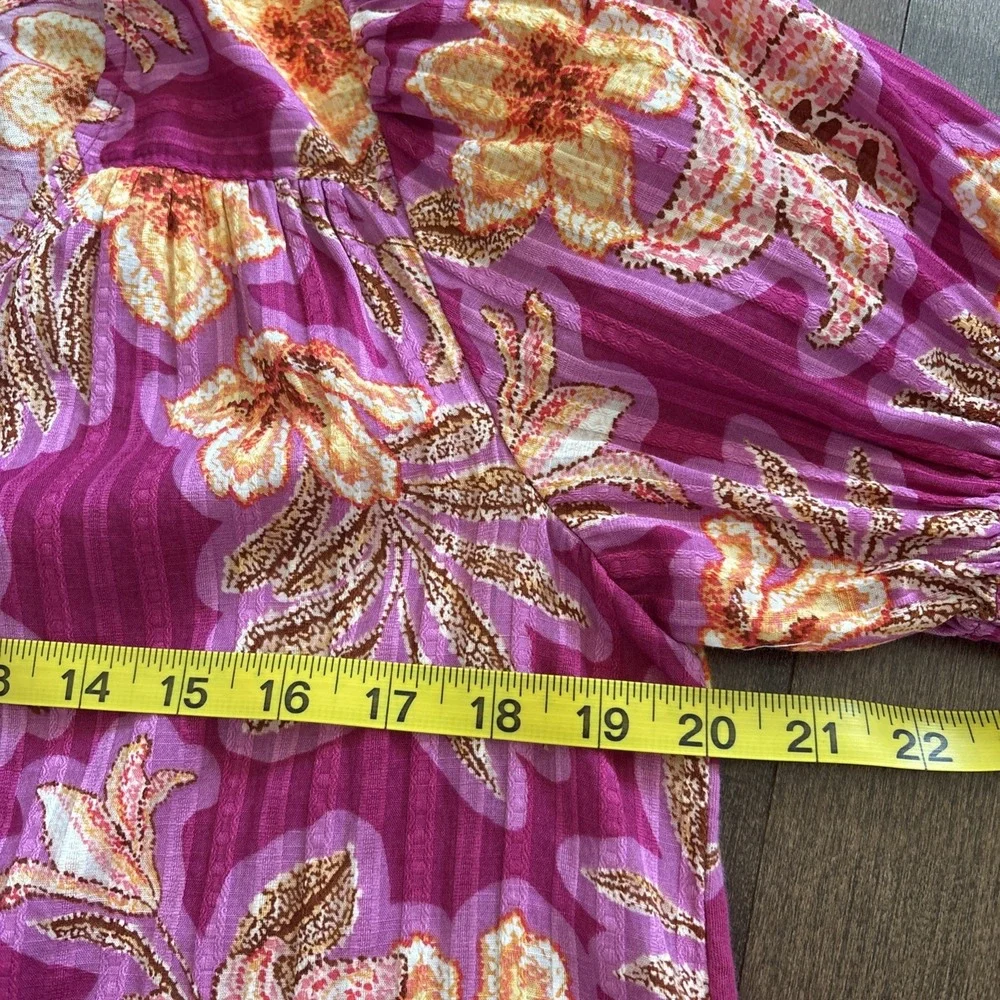 LOFT Floral Button-Front Top Womens S V-Neck Puff Sleeve Cotton